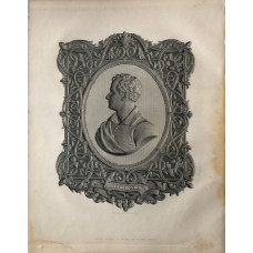 Engraved Portrait of Byron, Head and Shoulders, in profile, to left, in oval with ornamental border, after a bust by Baily by E. Wyon.