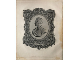 Engraved Portrait of Byron, Head and Shoulders, in profile, to left, in oval with ornamental border, after a bust by Baily by E. Wyon.