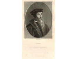 Engraved Portrait of Calvin. Heand and Shoulder, wearing hat, in oval, by T. Woolnoth,