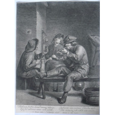 Inn Interior with Three Peasants Drinking and Smoking, one with leg on bench, verse below commecing "Tabificum frustra clamas, damnasq tabacum . . ." by Jonas Suyderhoef [d.1686].