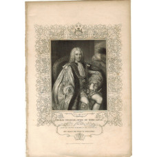 Engraved Portrait of Newcastle, Three Quarter Length, seated, in Garter robes, after Hoare by W. Holl.