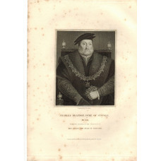 Engraved Portrait of Brandon, Duke of Suffolk, Three Quarter Length, seated, in furred gown and Garter collar, flowers in left hand, by E. Scriven