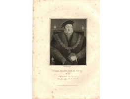 Engraved Portrait of Brandon, Duke of Suffolk, Three Quarter Length, seated, in furred gown and Garter collar, flowers in left hand, by E. Scriven