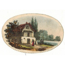 Cottage with figures by lake.