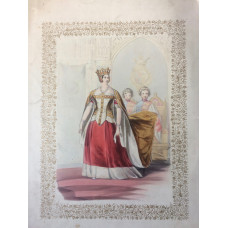 Lithograph Portrait of Queen Victoria, Whole Length, in crown and  robes in costume of Queen Phillippa, her train held by two page boys, in gold decorative border,