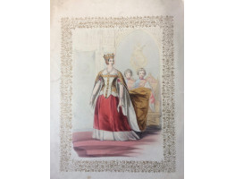 Lithograph Portrait of Queen Victoria, Whole Length, in crown and  robes in costume of Queen Phillippa, her train held by two page boys, in gold decorative border,