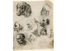 Figure Studies: Five Old Men's Heads, Dog's Head and a lute Player.