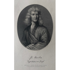 Engraved Portrait of Newton, Half length, oval, after a drawing in the Pepysian Collection at Cambridge, facsimile signature, by J. Outrim.