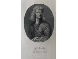 Engraved Portrait of Newton, Half length, oval, after a drawing in the Pepysian Collection at Cambridge, facsimile signature, by J. Outrim.