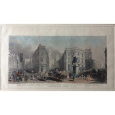 'The Bank of England, & Royal Exchange, Cornhill, with King William Street London in 1840'. Figures and carriages in busy streets.