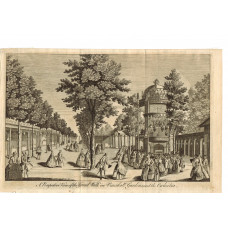 'A Perspective View of the Grand Walk in Vauxhall Gardens, and the Orchestra', Elegant company listening to music, the supper booths to the left,