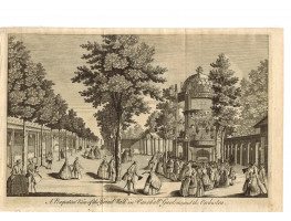 'A Perspective View of the Grand Walk in Vauxhall Gardens, and the Orchestra', Elegant company listening to music, the supper booths to the left,