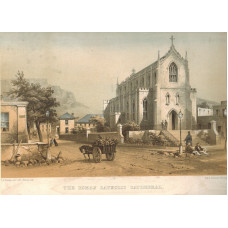 The Roman Catholic Cathedral, by W.L. Walton. Ladies and cart going up street, two men sitting at foot of gas lamp, Table Mountain in background.