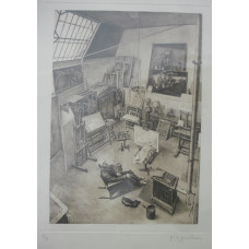 'Atelier de F. Villon' showing the artist sitting with his dog in his studio by his stove, with easel and palette nearby , Modernist paintings on wall.