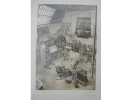'Atelier de F. Villon' showing the artist sitting with his dog in his studio by his stove, with easel and palette nearby , Modernist paintings on wall.