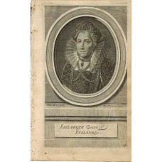 Engraved Portrait of Queen Elizabeth, Head and Shoulders, wearing ruff and pearl necklace, in oval, on pedestal, after A. More by M. V de Gucht.