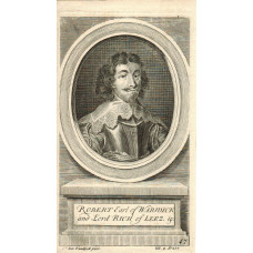 Engraved Portrait of  Earl of Warwick, Half length, in armour, in oval, on pedestal, after Van Dyck by George Vertue,
