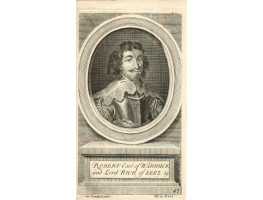 Engraved Portrait of  Earl of Warwick, Half length, in armour, in oval, on pedestal, after Van Dyck by George Vertue,