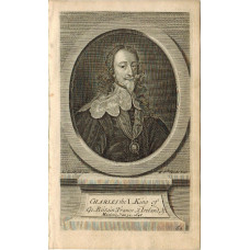 Engraved Portrait of King Charles, Half Length, with lace collar, in oval on pediment, after Van Dyck by M. V de Gucht.