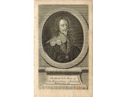 Engraved Portrait of King Charles, Half Length, with lace collar, in oval on pediment, after Van Dyck by M. V de Gucht.