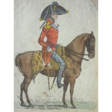 'A Noble General' Full Length Caricature Portrait of Lord Harrington, in profile, in uniform, with cocked hat and cane, on horse with leopard's skin saddle-cloth.