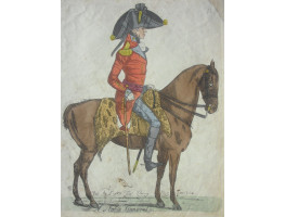 'A Noble General' Full Length Caricature Portrait of Lord Harrington, in profile, in uniform, with cocked hat and cane, on horse with leopard's skin saddle-cloth.