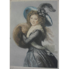 Young Woman, Three-Quarter Length, in blue dress and hat with feather, her hands in a muff.