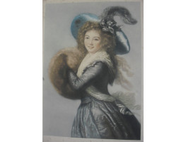Young Woman, Three-Quarter Length, in blue dress and hat with feather, her hands in a muff.