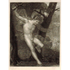 'Le Zephyr'. Naked boy holds two branches of tree above a stream, by Alexandre Vincent Sixdeniers [1795-1846].