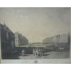 'To the  Ladies and Gentlemen Inhabitants, This View of Queen Square. . .'  two rows of buildings with horses, carriages and wagons, and pedestrians including a group of army officers,  ladies and a flower seller in the foreground. Aquatinted by R. Dodd, 
