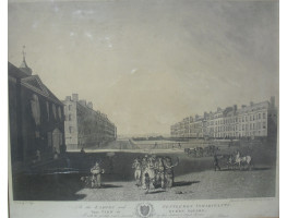 'To the  Ladies and Gentlemen Inhabitants, This View of Queen Square. . .'  two rows of buildings with horses, carriages and wagons, and pedestrians including a group of army officers,  ladies and a flower seller in the foreground. Aquatinted by R. Dodd, 