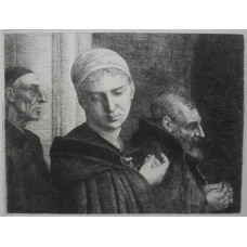 Le Bapteme  (The Baptism)'. Young Woman in cloak looking to side, two men beside her.