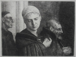 Le Bapteme  (The Baptism)'. Young Woman in cloak looking to side, two men beside her.
