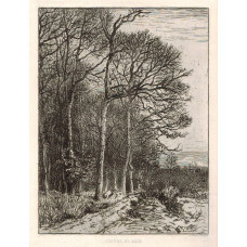 'Lisiere du Bois'  Landscape of edge of forest, figure picking up wood.