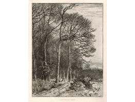 'Lisiere du Bois'  Landscape of edge of forest, figure picking up wood.