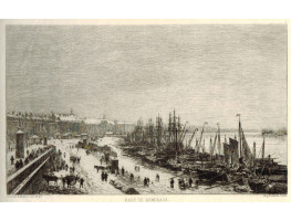 'Rade de Bordeaux (Janvier 1868)'  Port of Bordeaux, with figures, horses and ships covered in snow.