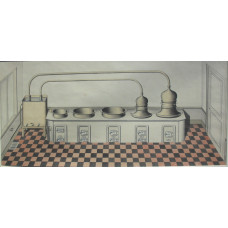 ORIGINAL DESIGN, large range consisting of five coal-fired stoves heating coppers, two of which have covers and pipes connecting them to a water tank, red and black floor titles, door to the right and window to the left.