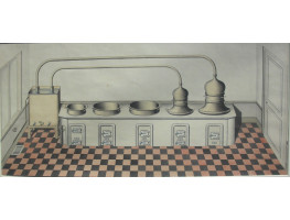 ORIGINAL DESIGN, large range consisting of five coal-fired stoves heating coppers, two of which have covers and pipes connecting them to a water tank, red and black floor titles, door to the right and window to the left.