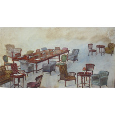 'Grande Salle No. 4' ORIGINAL WATERCOLOUR of Tables and Chairs, a boardroom table and three occasional tables with a variety of chairs including a leather settee.
