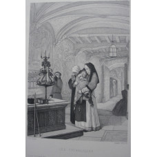 'Les Catholiques'. Nuns, on holding child, standing before candelabra after Baron Henri Leys [1815-1869]