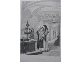 'Les Catholiques'. Nuns, on holding child, standing before candelabra after Baron Henri Leys [1815-1869]