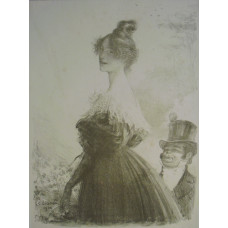 Mimi Pinson. Three-quarter length portrait of woman, beside man in top hat.