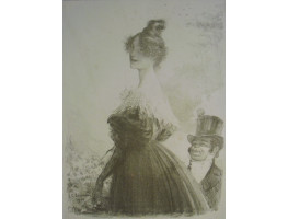 Mimi Pinson. Three-quarter length portrait of woman, beside man in top hat.