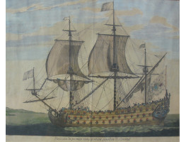 'Vaisseau du Premier rang portant pavillon d'Admiral.'  Ship in profile, near coast. After a design by Henri Sbonski de Passebon [1637-1705].