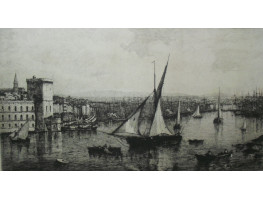 'La Passe du Vieux Port a Marseille'  Sailing ship through harbour.