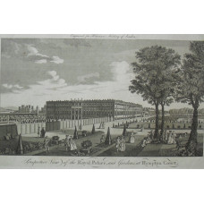 'Perspective View of the Royal Palace, and Gardens, at Hampton Court'. The house and elegant company in the formal gardens.