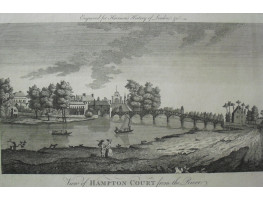 'View of Hampton Court from the River', shows the bridge and boats on Thames,