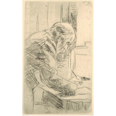 'Le Bonne Graveur'. Man standing at desk with drawing implement in left hand.