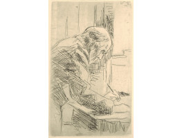 'Le Bonne Graveur'. Man standing at desk with drawing implement in left hand.