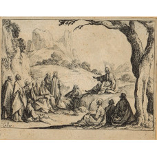 Christ seating on rock by tree, preaching to the apostles. Plate four from New Testament series of 10.